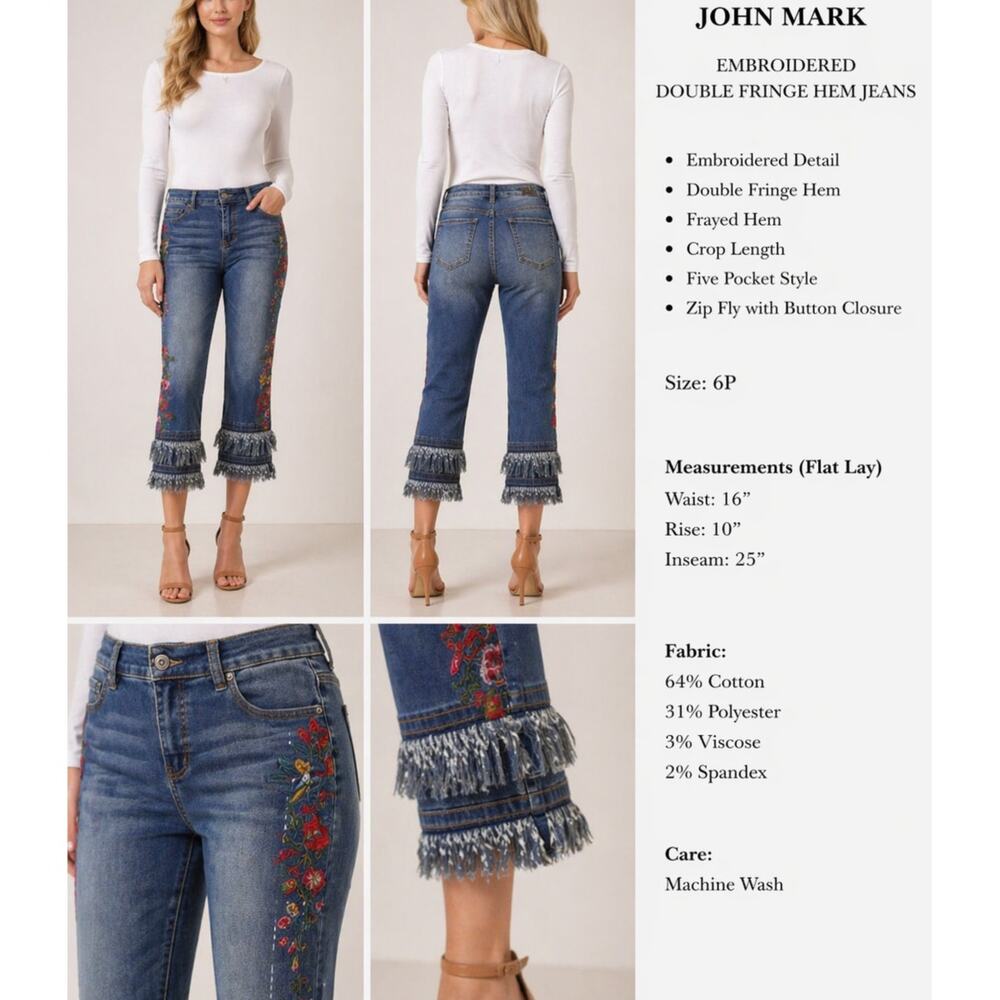 John Mark Embroidered Fringe Hem Crop Jeans Floral Denim Petite 6P Boho Denim